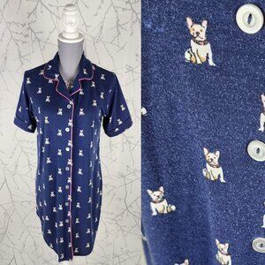 Claudel Navy Frenchie Dog Print Pajama Night Shirt Dress